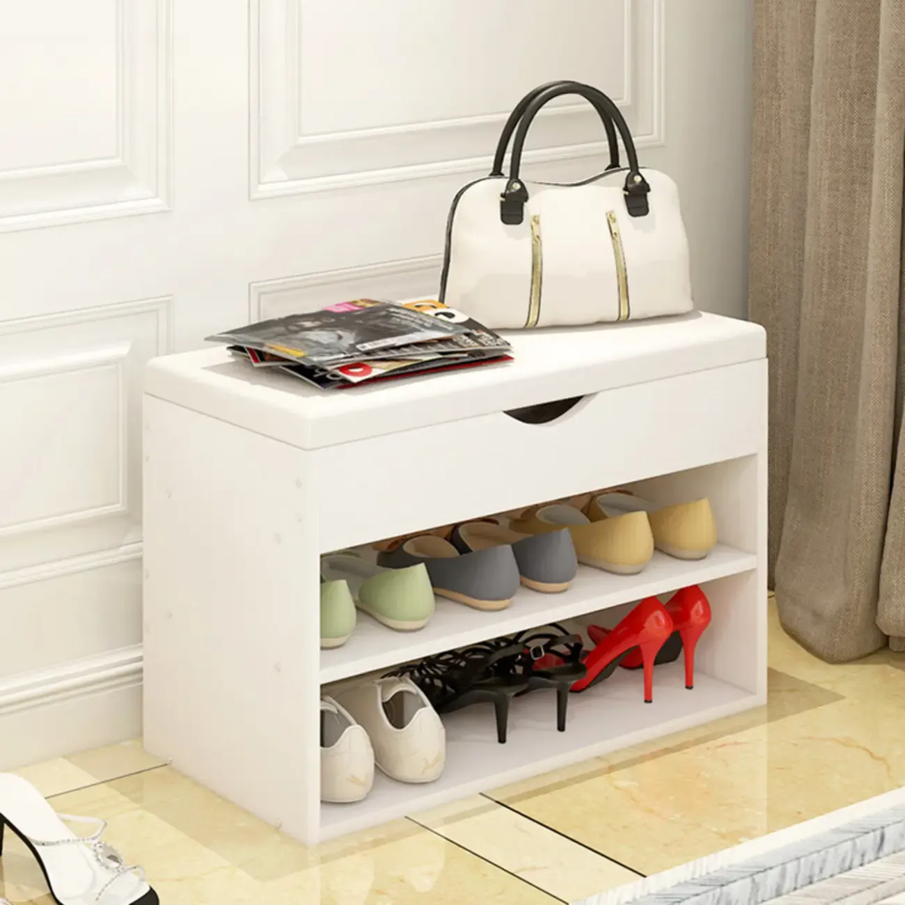 White Wooden Shoe Storage Bench with Hidden Storage Image - 5