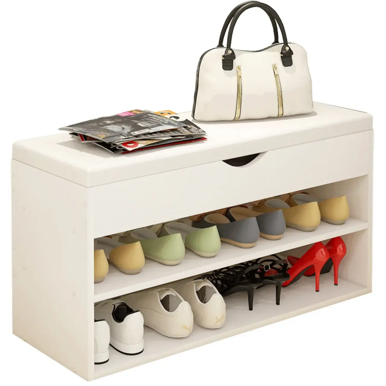 White Wooden Shoe Storage Bench with Hidden Storage Image - 6
