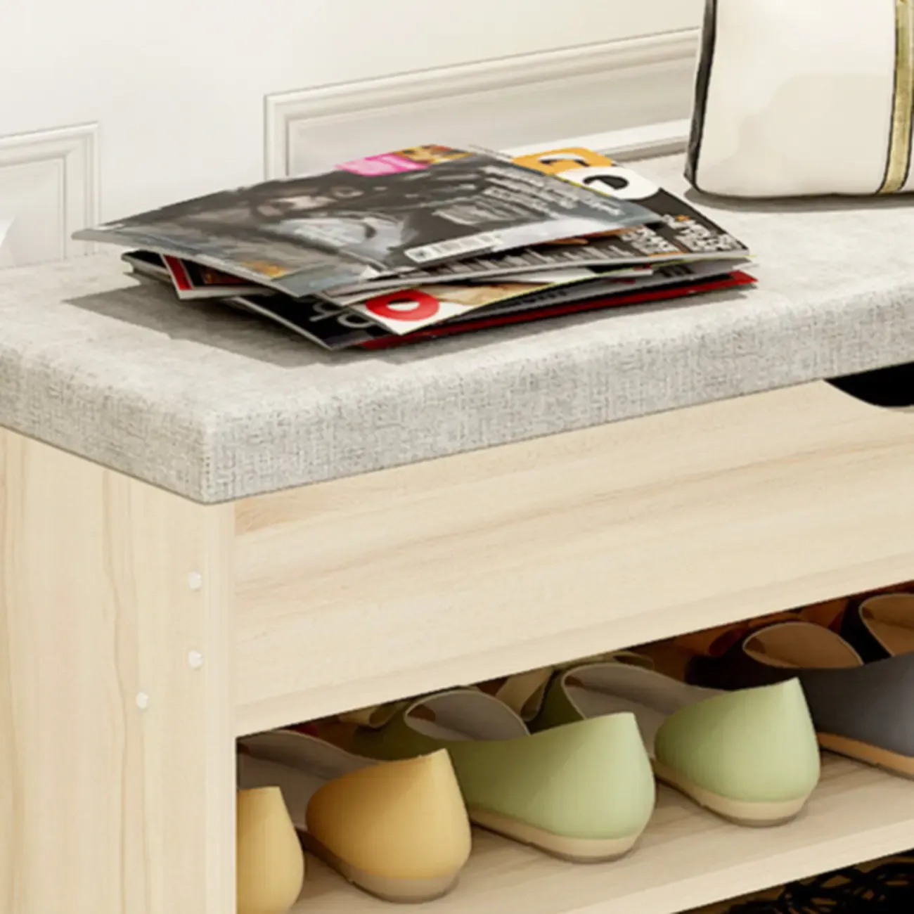 White Wooden Shoe Storage Bench with Hidden Storage Image - 7