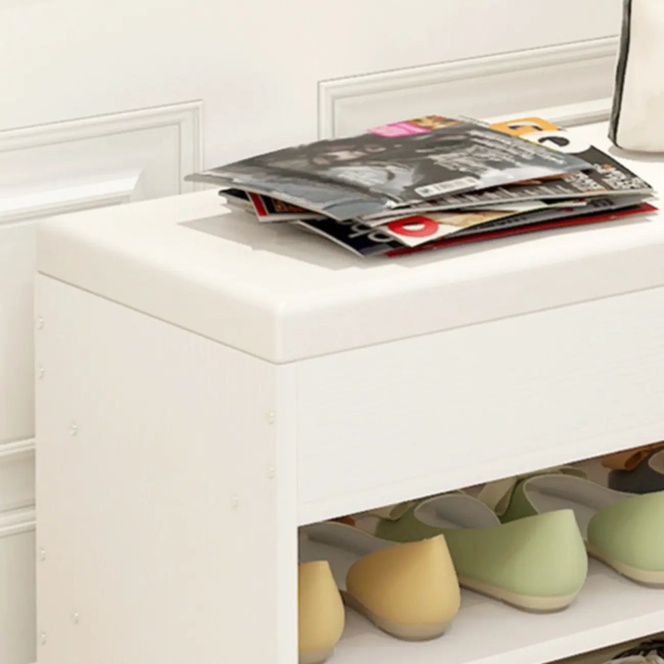 White Wooden Shoe Storage Bench with Hidden Storage Image - 8 | homeyfad
