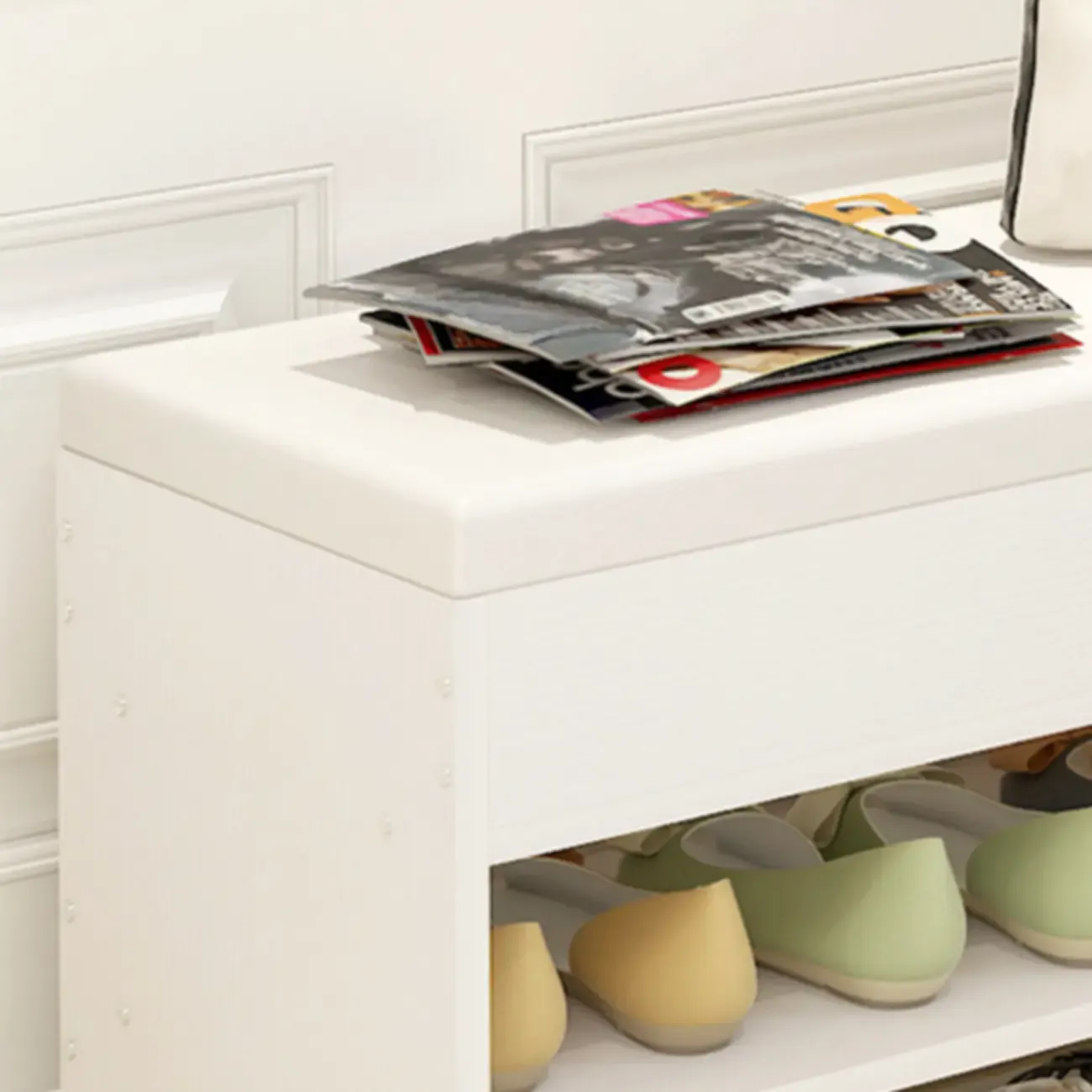 White Wooden Shoe Storage Bench with Hidden Storage Image - 8