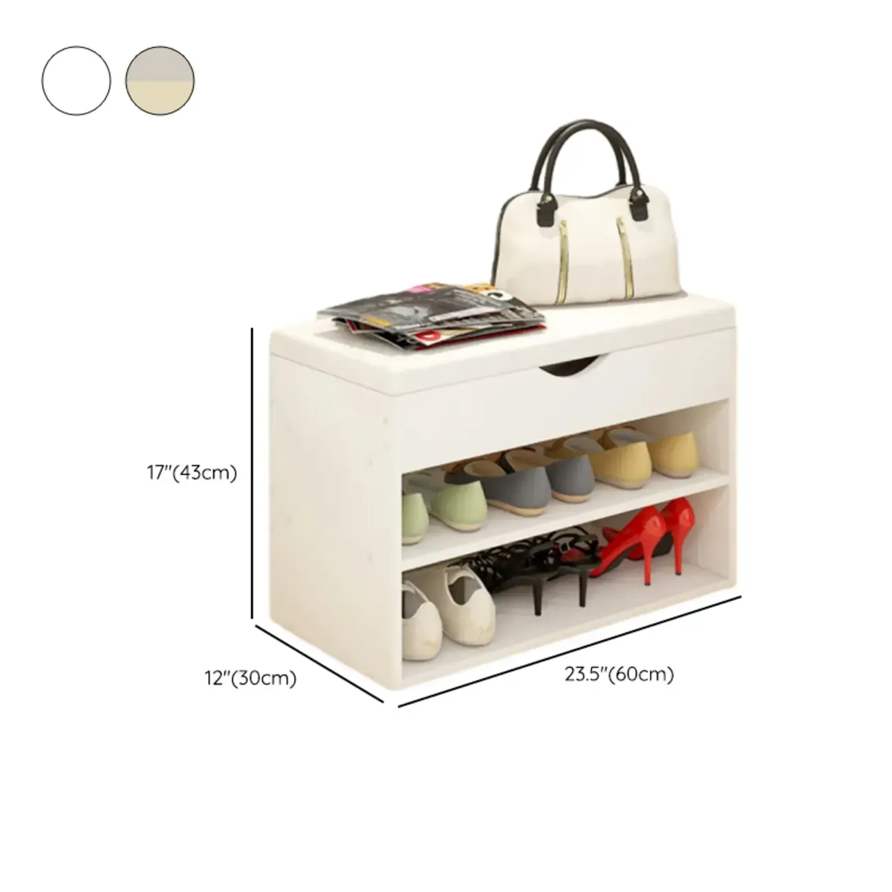 White Wooden Shoe Storage Bench with Hidden Storage #size