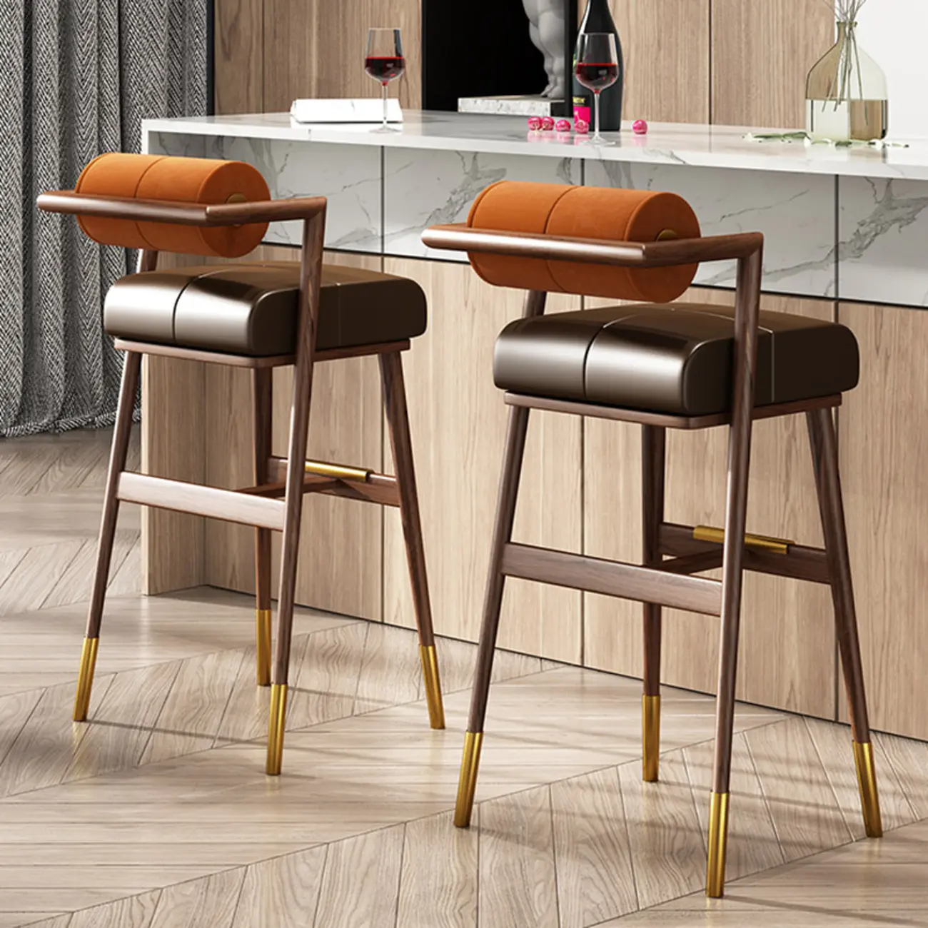 Brown Wooden Cushion Bar Stool with Backrest | homeyfad