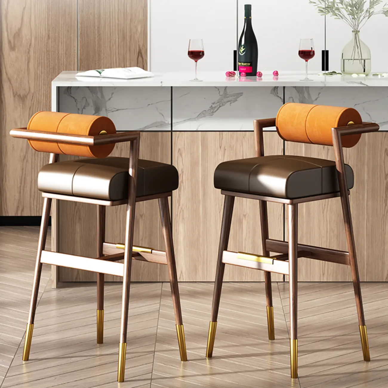 Brown Wooden Cushion Bar Stool with Backrest | homeyfad