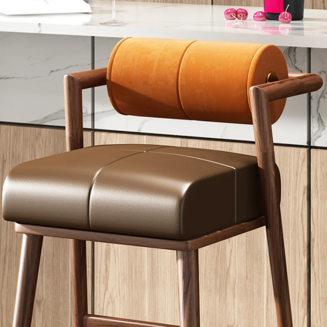 Brown Wooden Cushion Bar Stool with Backrest | homeyfad