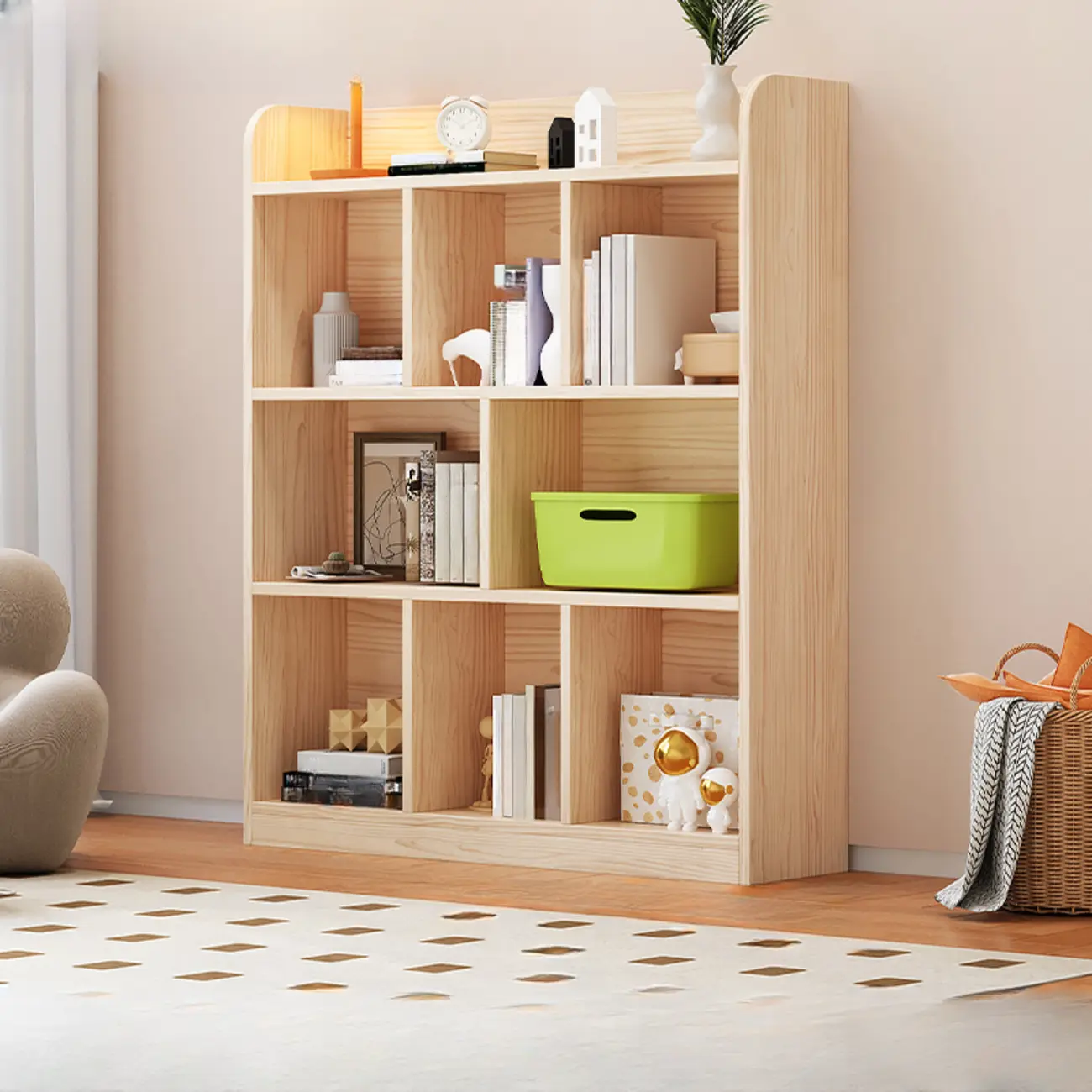 Simple Natural Wood Multi-Shelf Horizontal Bookcase Image - 3 | homeyfad