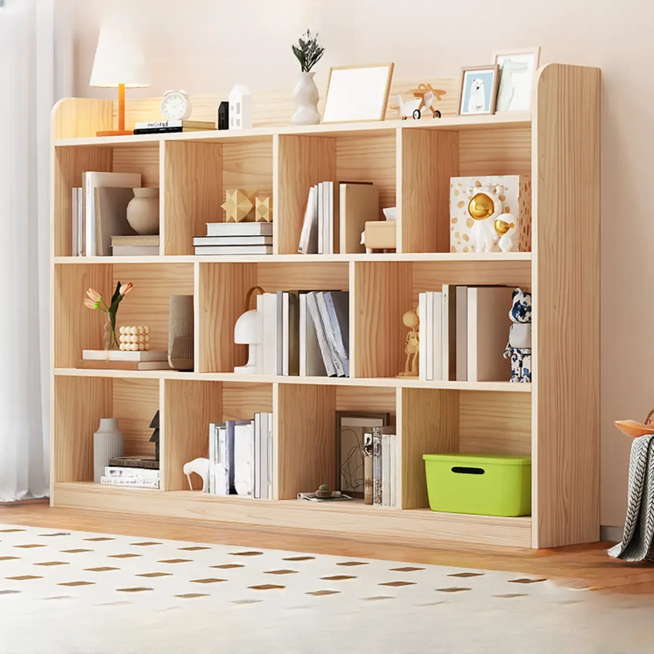 Simple Natural Wood Multi-Shelf Horizontal Bookcase Image - 4