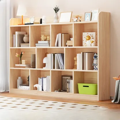 Simple Natural Wood Multi-Shelf Horizontal Bookcase Image - 4