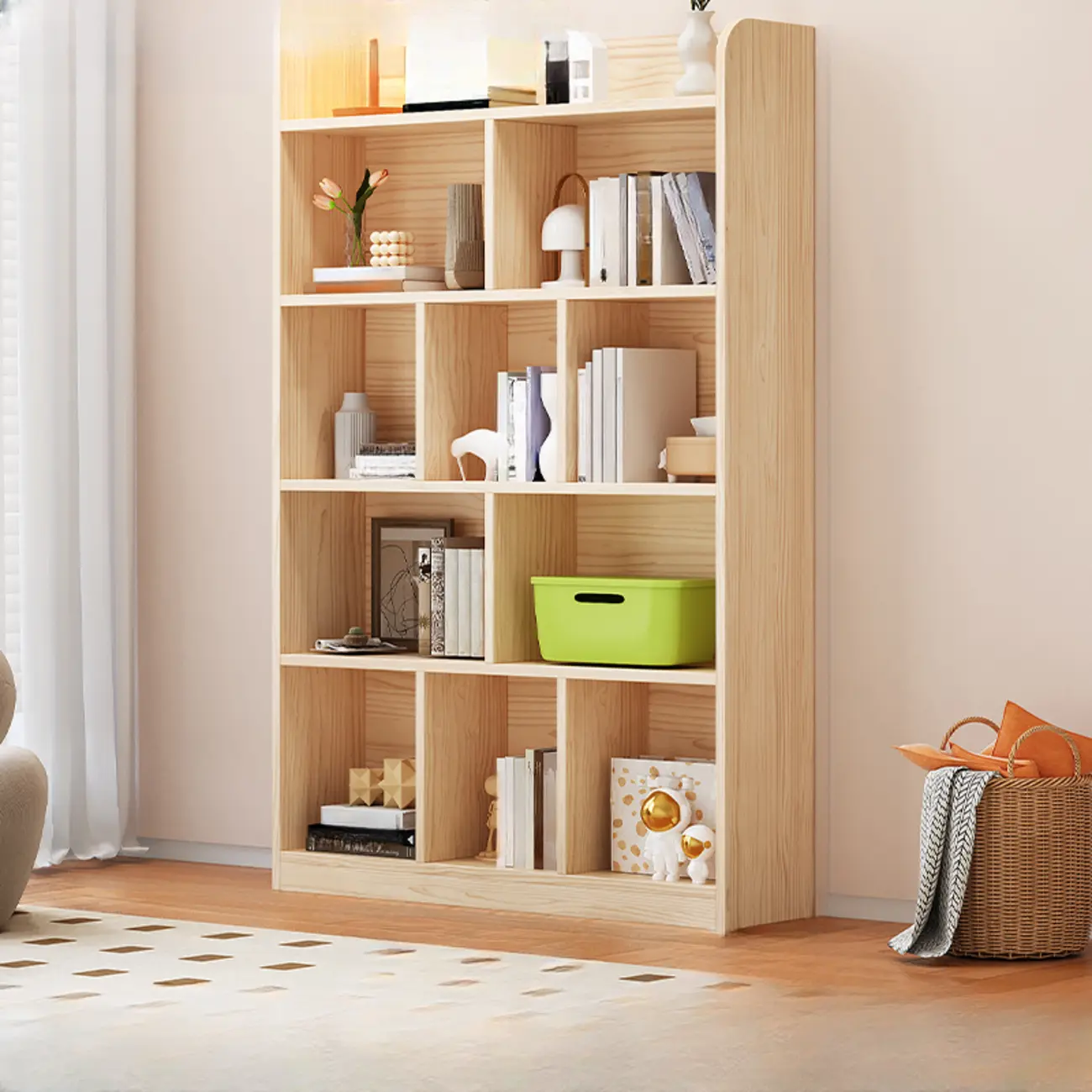 Simple Natural Wood Multi-Shelf Horizontal Bookcase Image - 5 | homeyfad