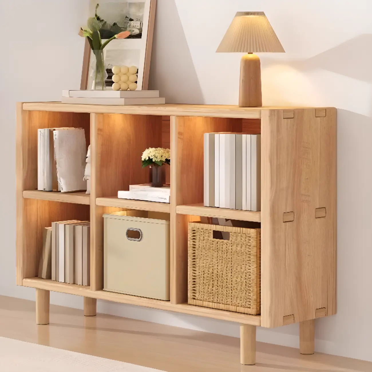 Horizontal Natural Finish 6-Cube Wood Shevling Unit Bookcase Image - 14 | homeyfad