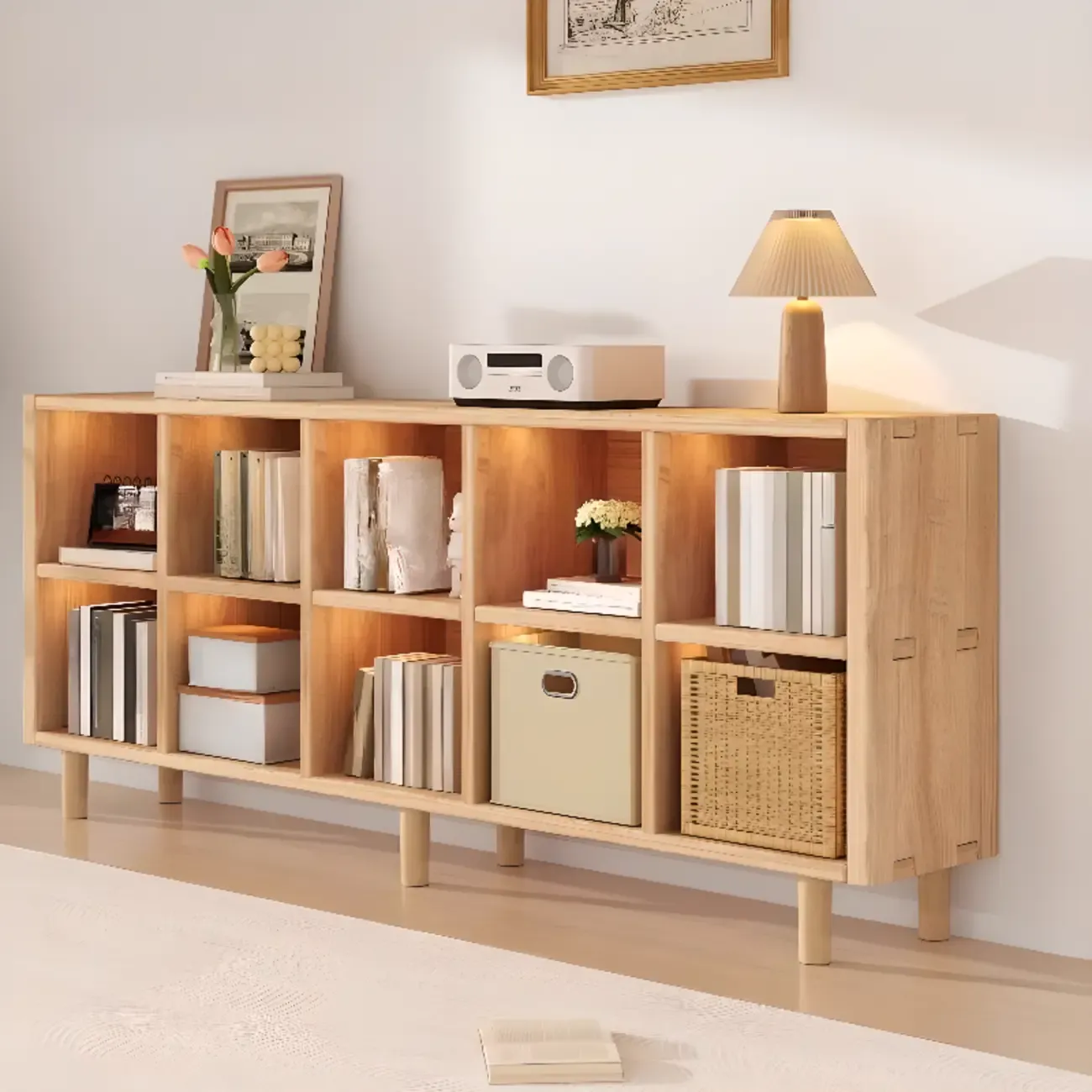 Horizontal Natural Finish 6-Cube Wood Shevling Unit Bookcase Image - 16