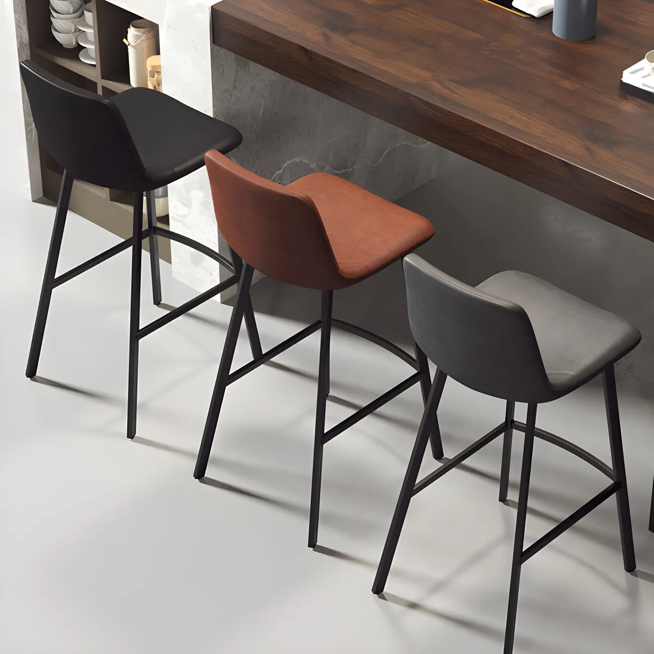 Gray Bucket Metal Leather Seating Armless Bar Stool Image - 1 | homeyfad