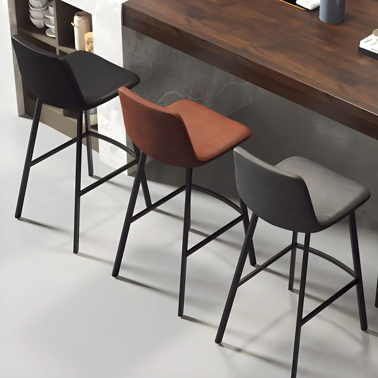 Gray Bucket Metal Leather Seating Armless Bar Stool Image - 1