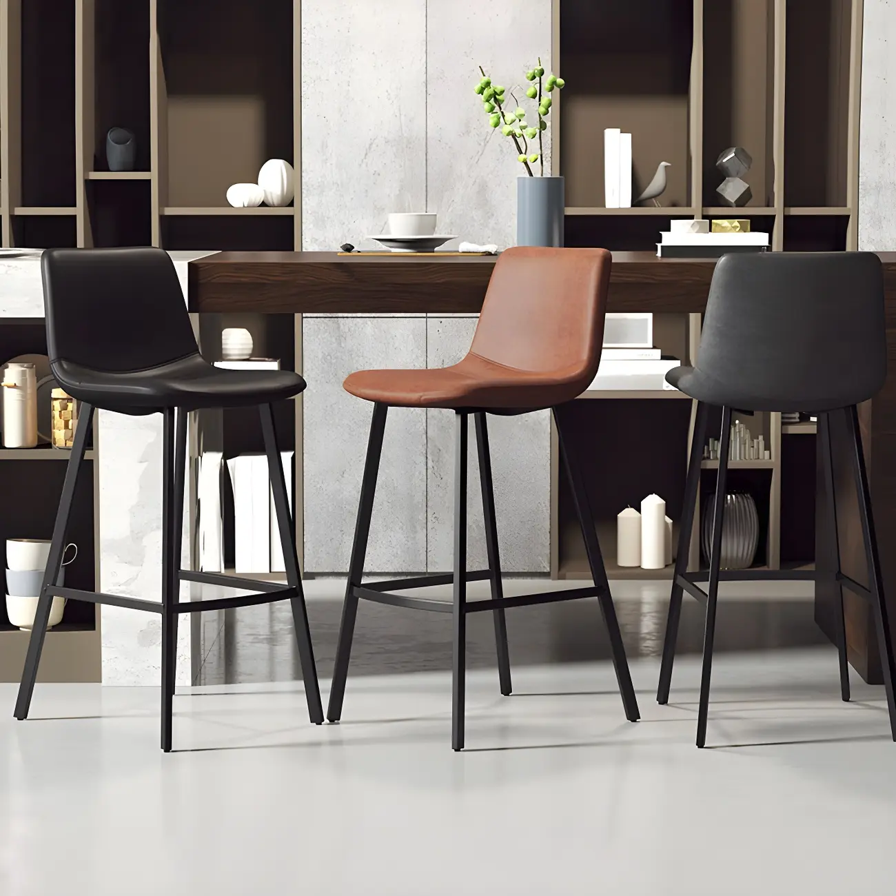 Gray Bucket Metal Leather Seating Armless Bar Stool Image - 3 | homeyfad