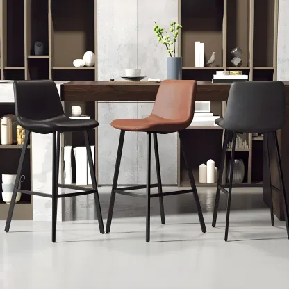 Gray Bucket Metal Leather Seating Armless Bar Stool Image - 3