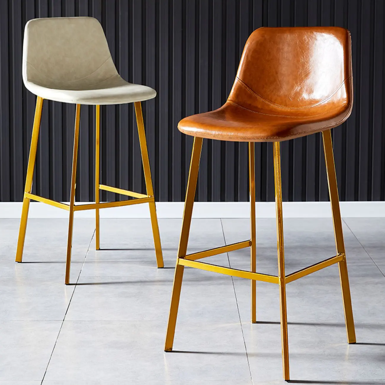 Gray Bucket Metal Leather Seating Armless Bar Stool Image - 4 | homeyfad