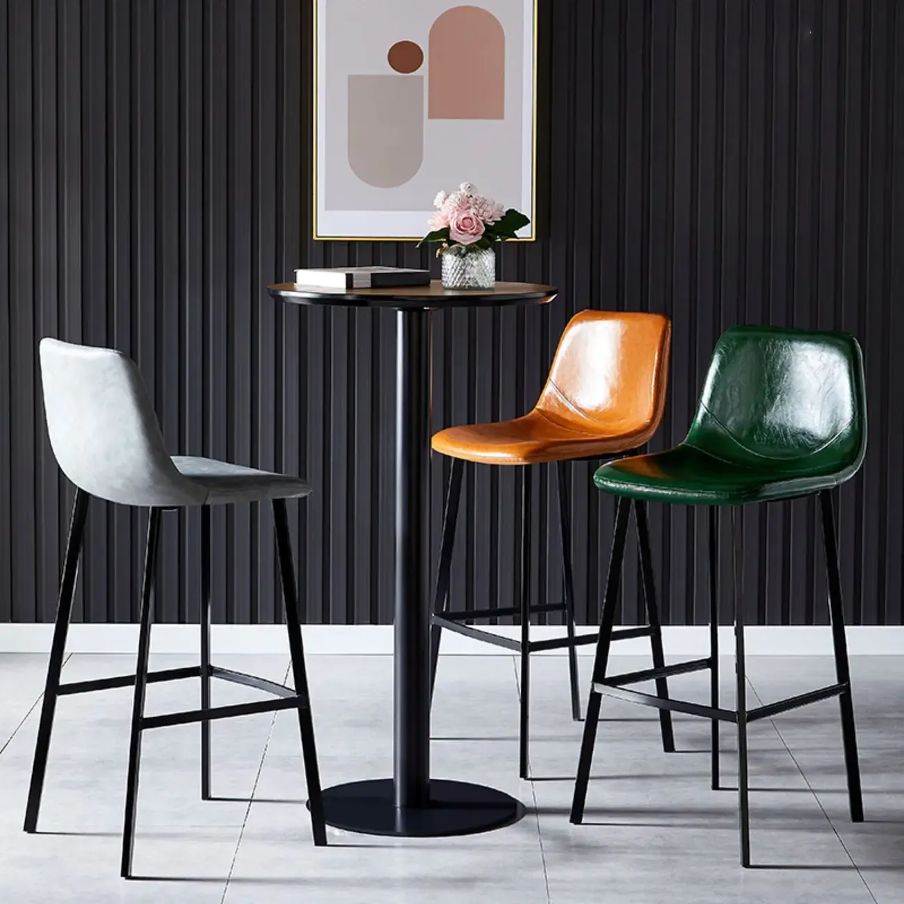 Gray Bucket Metal Leather Seating Armless Bar Stool Image - 2