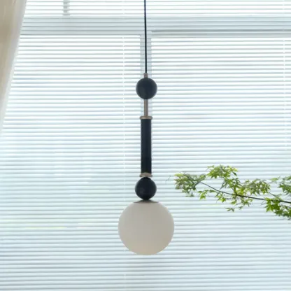 Minimalist Small Wood Glass Black Globe Hanging Pendant Light Image - 3
