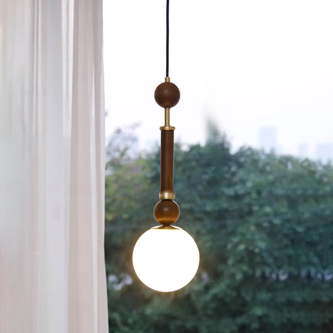 Minimalist Small Wood Glass Black Globe Hanging Pendant Light Image - 5 | homeyfad