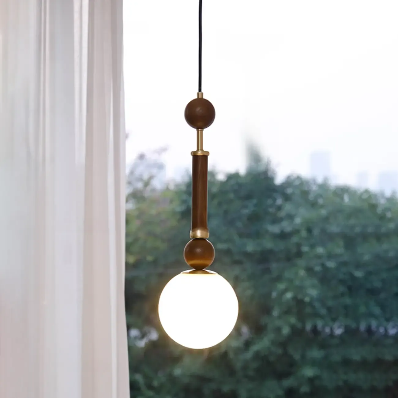 Minimalist Small Wood Glass Black Globe Hanging Pendant Light Image - 5