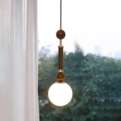 Minimalist Small Wood Glass Black Globe Hanging Pendant Light Image - 5