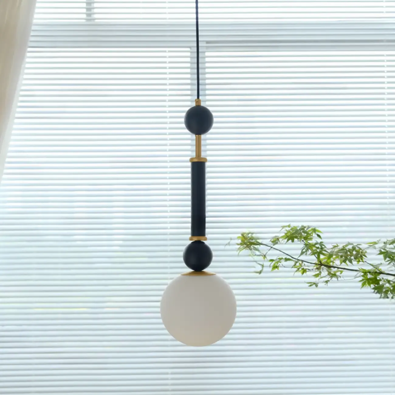Minimalist Small Wood Glass Black Globe Hanging Pendant Light Image - 6