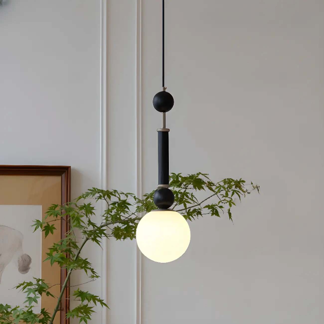 Minimalist Small Wood Glass Black Globe Hanging Pendant Light Image - 4 | homeyfad