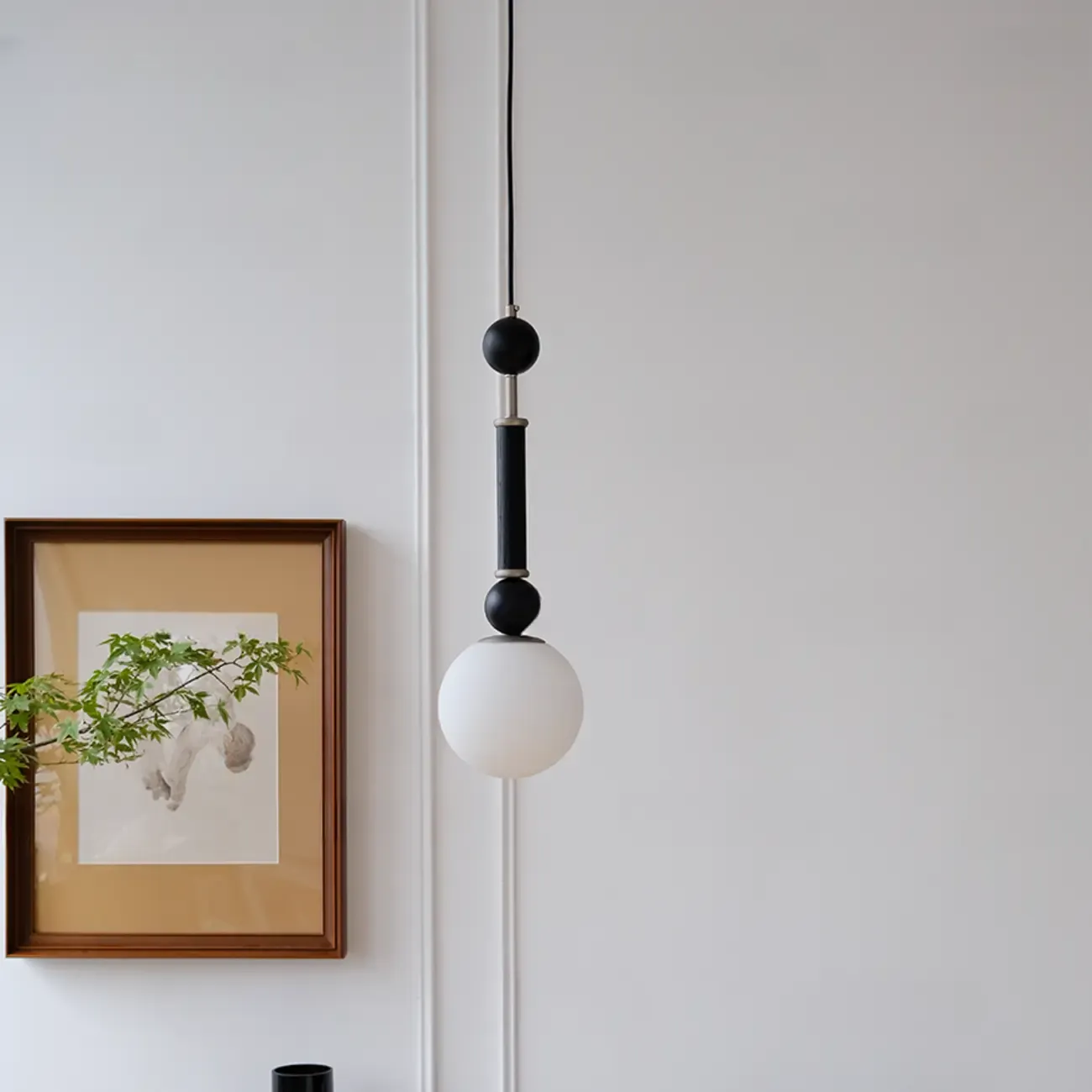 Minimalist Small Wood Glass Black Globe Hanging Pendant Light Image - 11