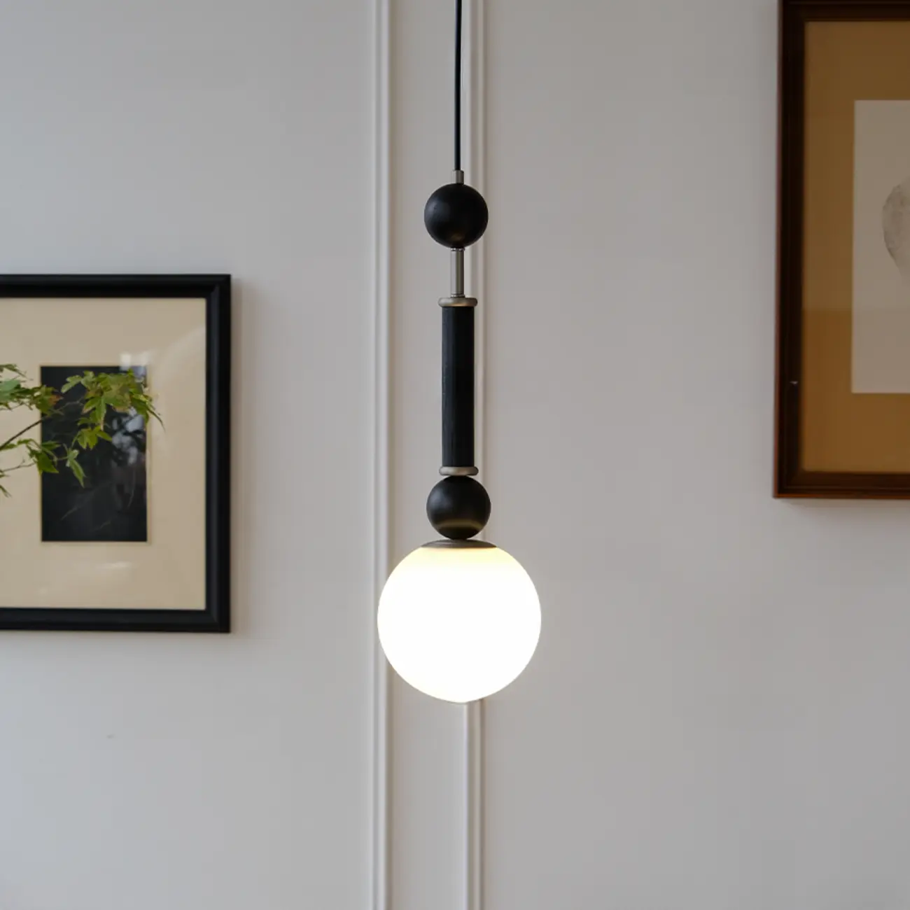 Minimalist Small Wood Glass Black Globe Hanging Pendant Light Image - 2 | homeyfad