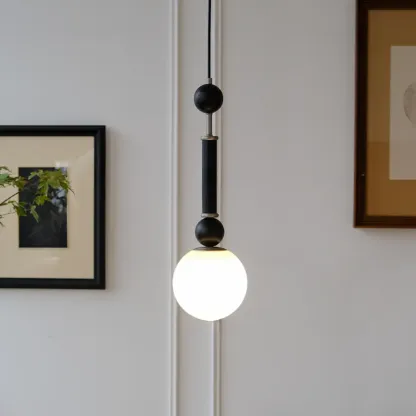 Minimalist Small Wood Glass Black Globe Hanging Pendant Light Image - 2