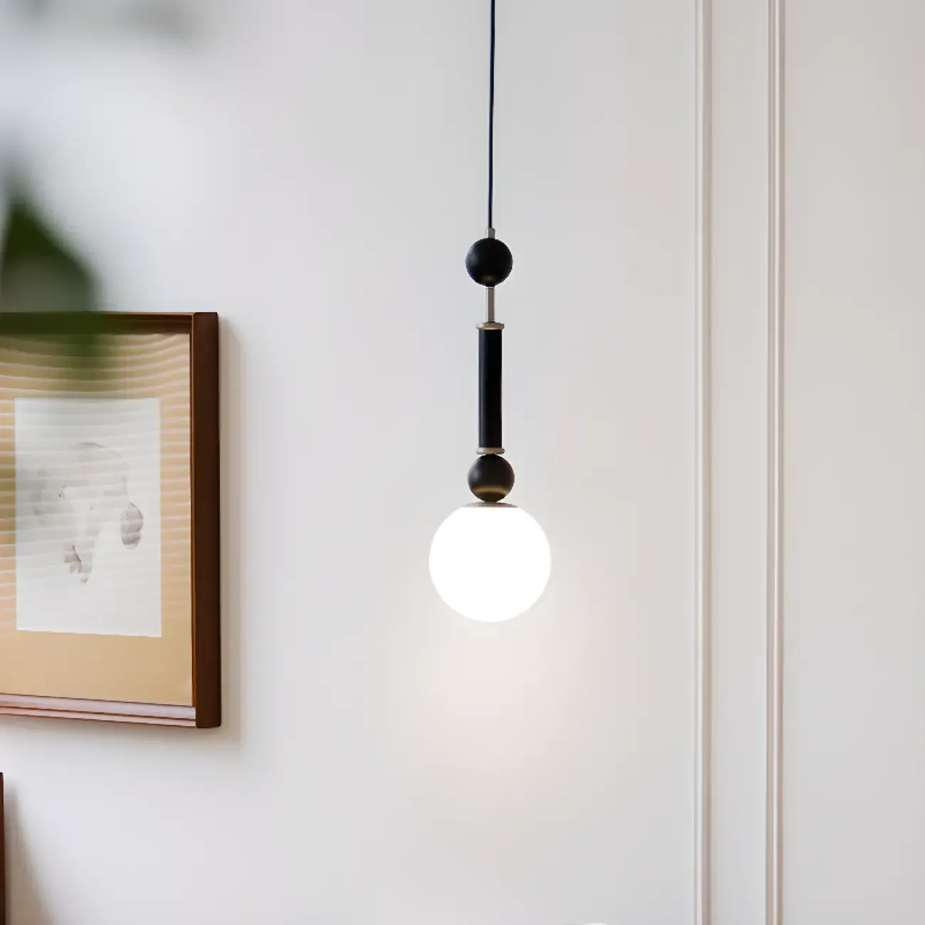 Minimalist Small Wood Glass Black Globe Hanging Pendant Light Image - 12