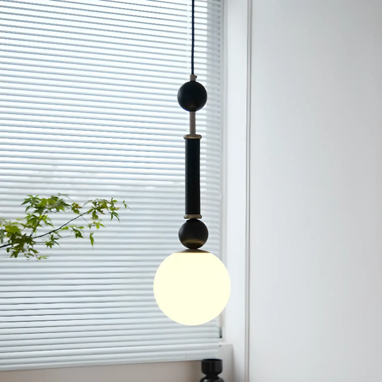 Minimalist Small Wood Glass Black Globe Hanging Pendant Light Image - 13