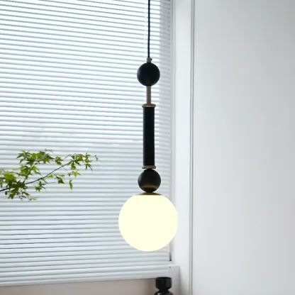 Minimalist Small Wood Glass Black Globe Hanging Pendant Light Image - 13