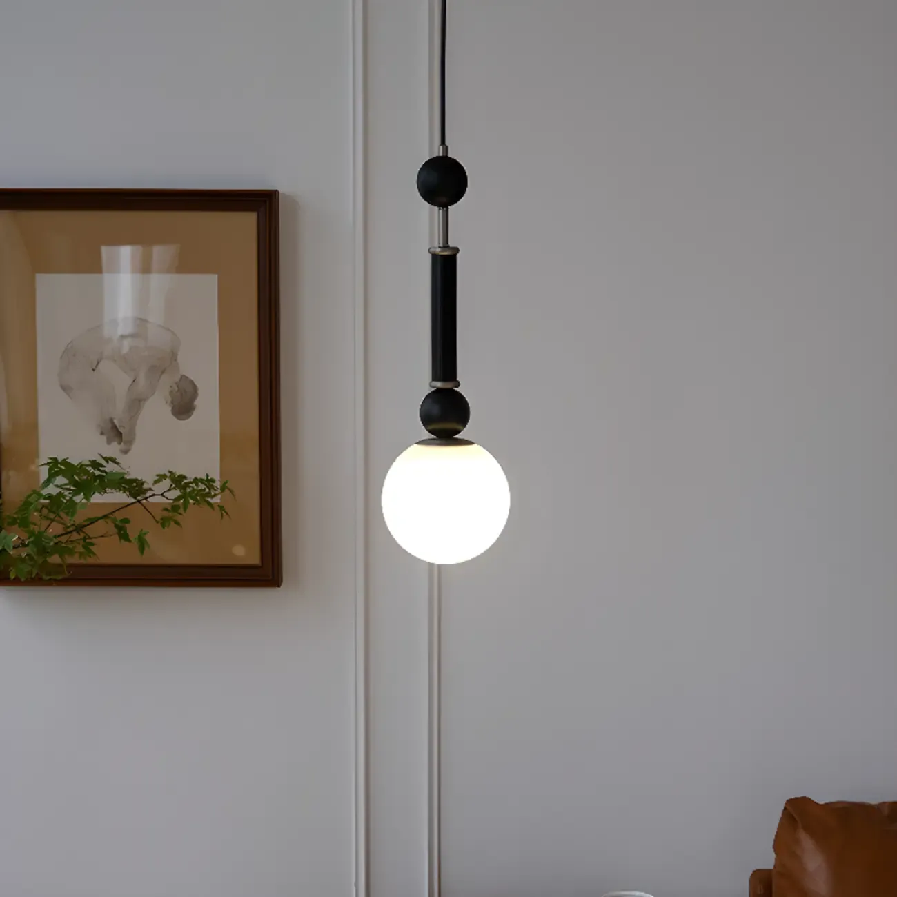 Minimalist Small Wood Glass Black Globe Hanging Pendant Light Image - 14