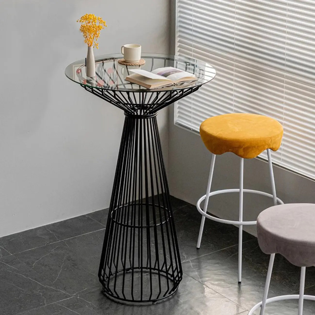 Simplistic Clear Glass Circular Iron Wireframe Bar Table Image - 1 | homeyfad
