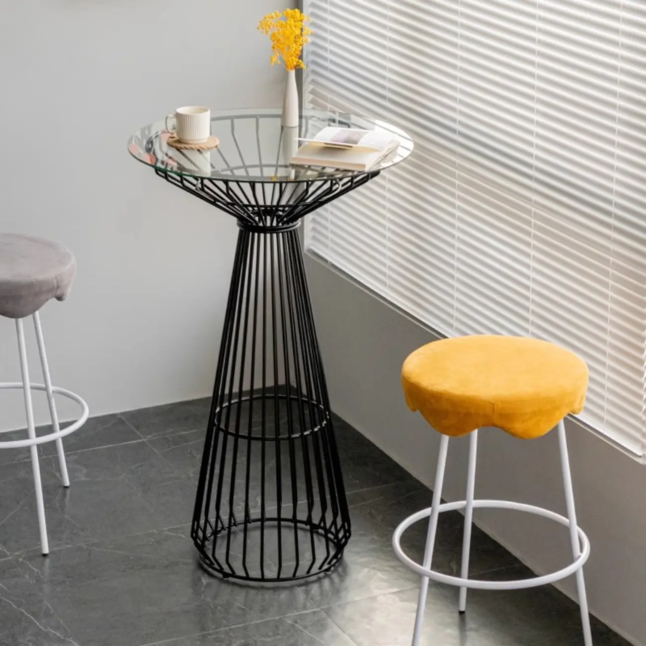 Simplistic Clear Glass Circular Iron Wireframe Bar Table Image - 2 | homeyfad