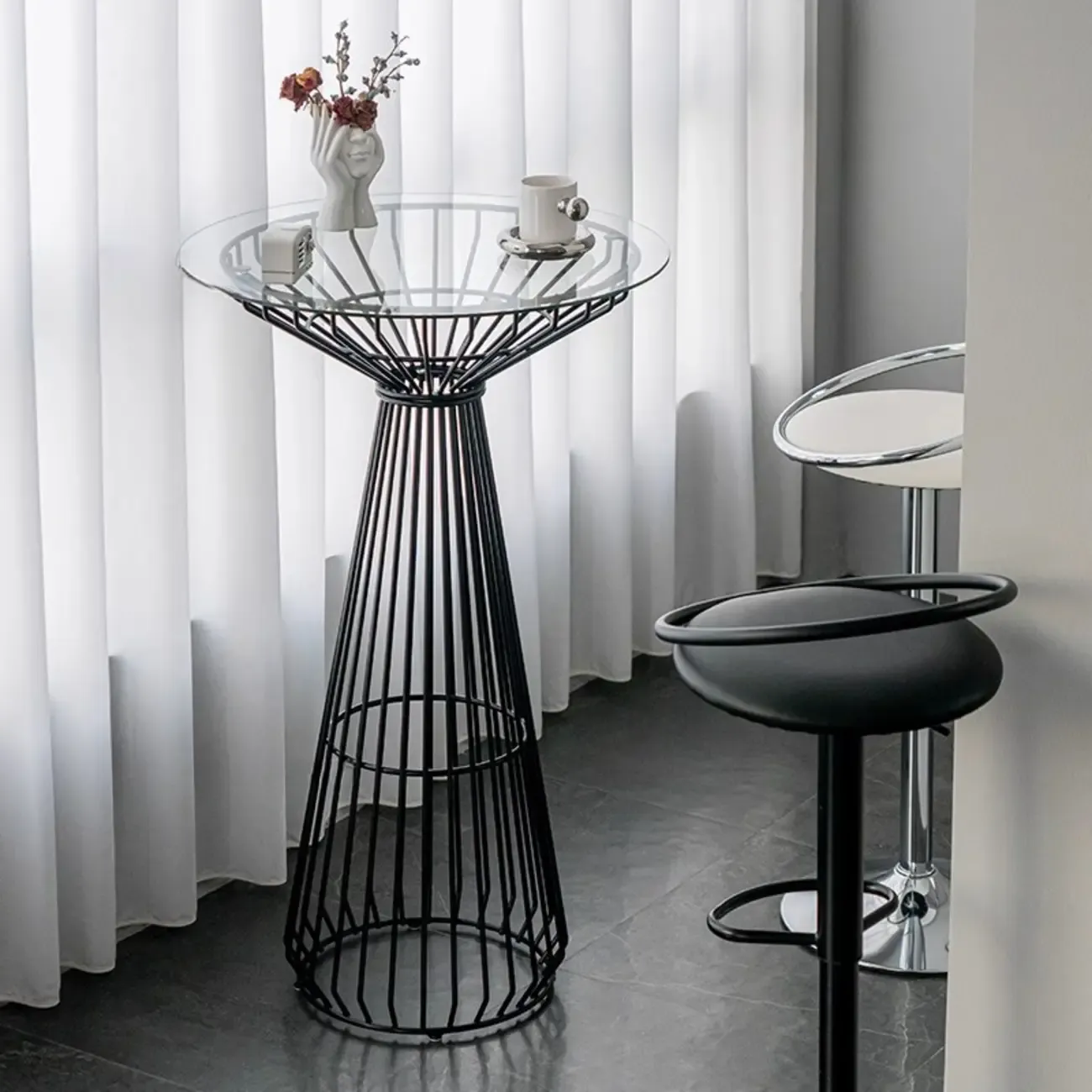 Simplistic Clear Glass Circular Iron Wireframe Bar Table Image - 3