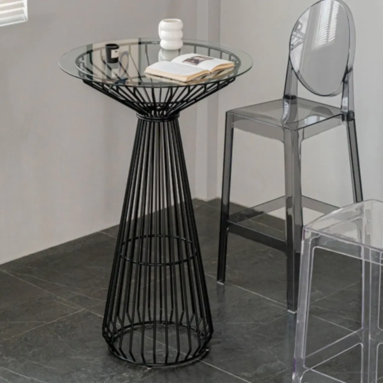 Simplistic Clear Glass Circular Iron Wireframe Bar Table Image - 4