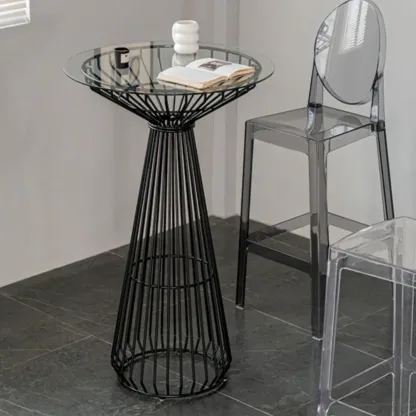 Simplistic Clear Glass Circular Iron Wireframe Bar Table Image - 4