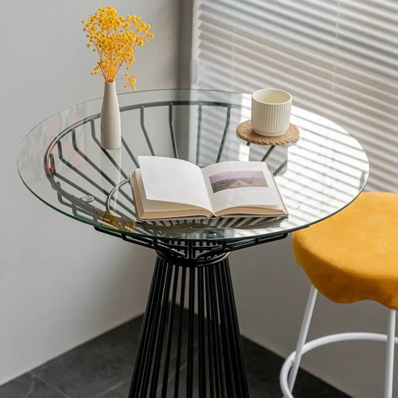 Simplistic Clear Glass Circular Iron Wireframe Bar Table Image - 6