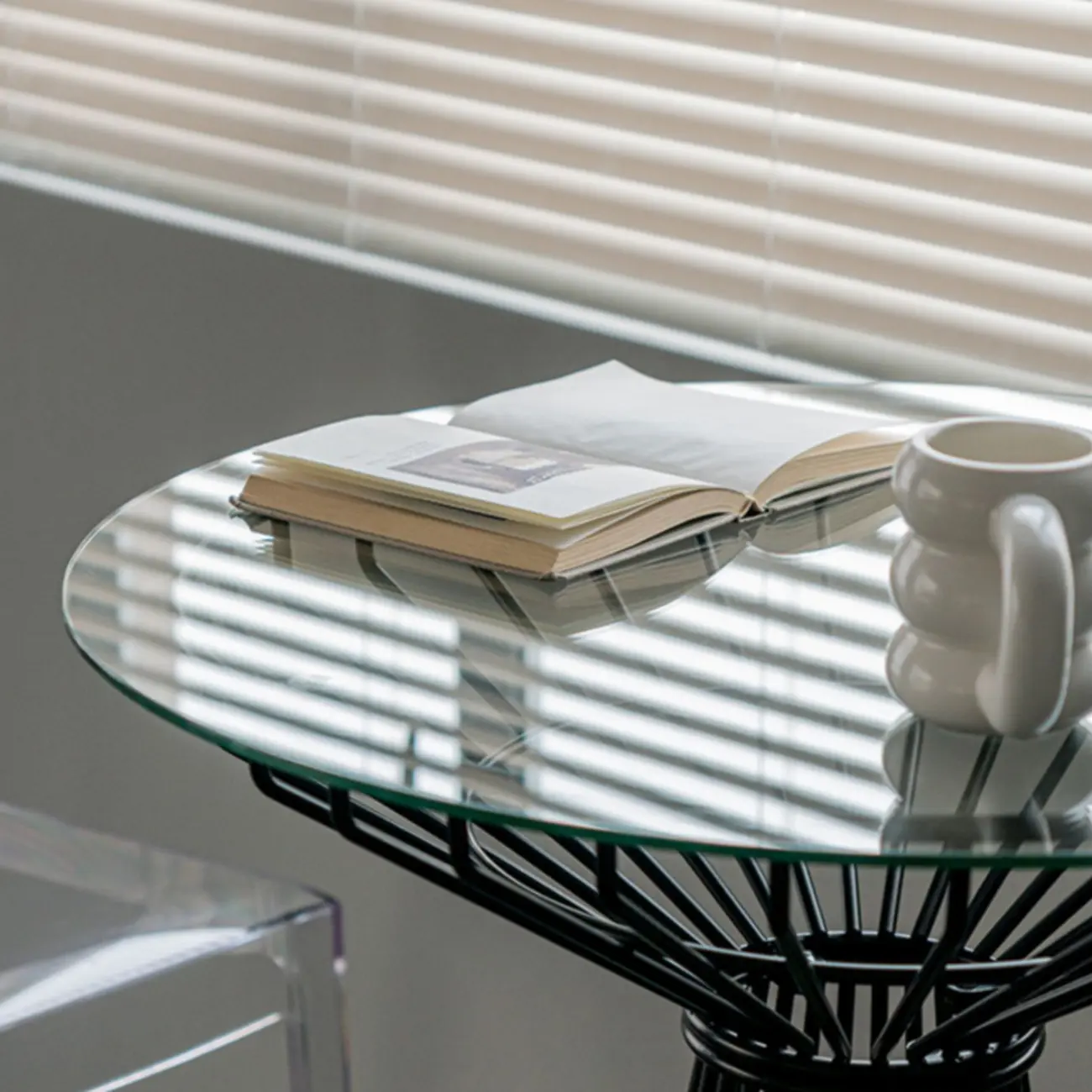Simplistic Clear Glass Circular Iron Wireframe Bar Table Image - 7 | homeyfad