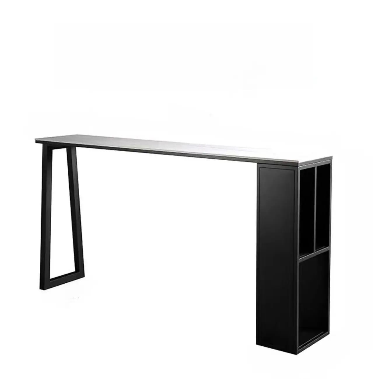 Modern White Stone Top Black Metal Bar Table with Storage Image - 2 | homeyfad