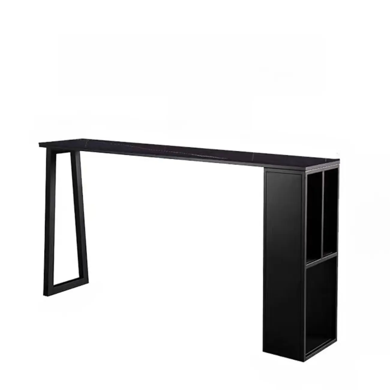 Modern White Stone Top Black Metal Bar Table with Storage Image - 3 | homeyfad