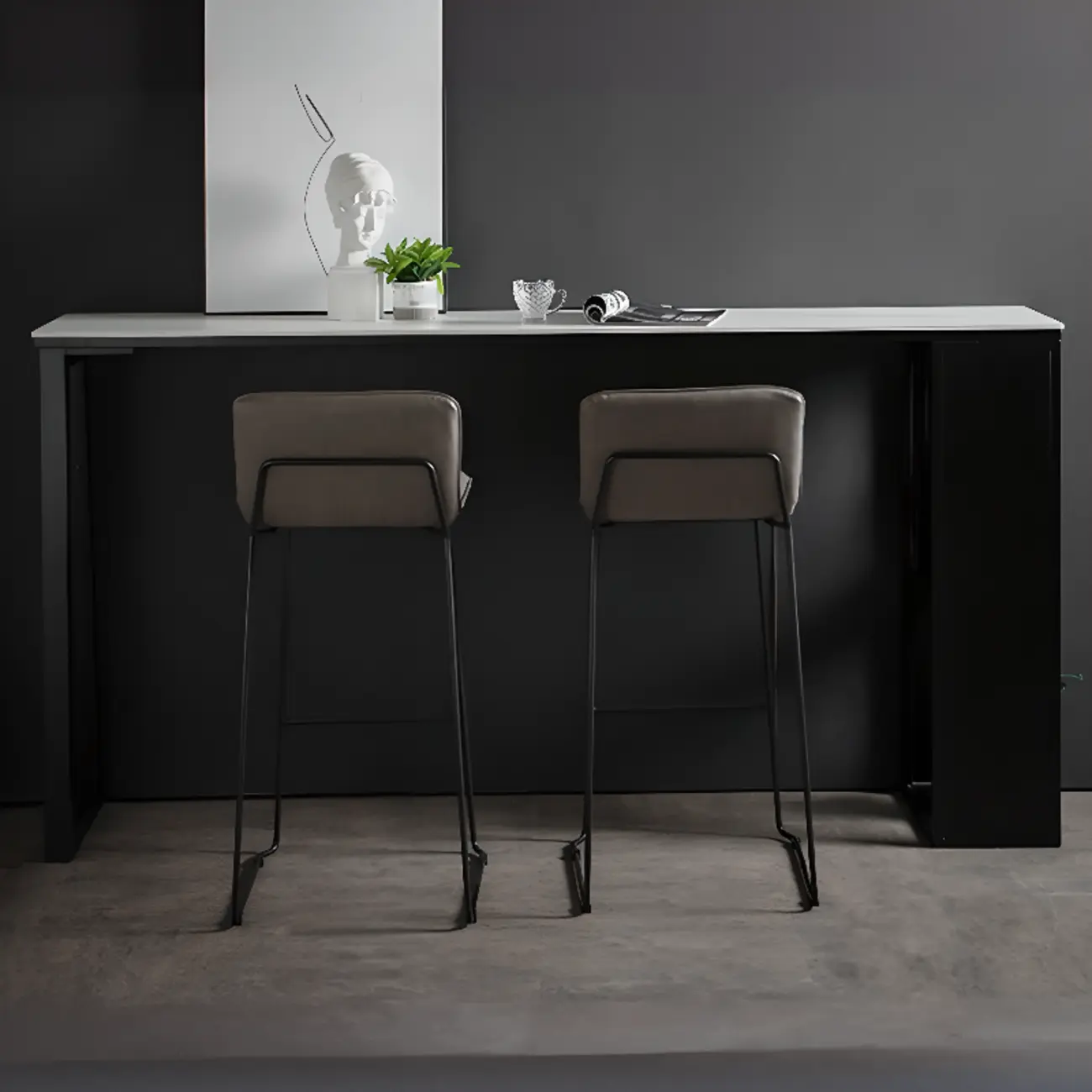 Modern White Stone Top Black Metal Bar Table with Storage Image - 4 | homeyfad