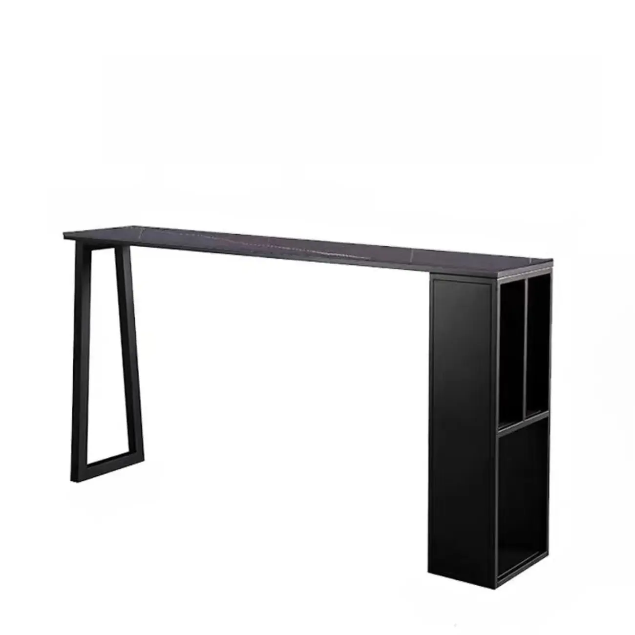 Modern White Stone Top Black Metal Bar Table with Storage Image - 5 | homeyfad
