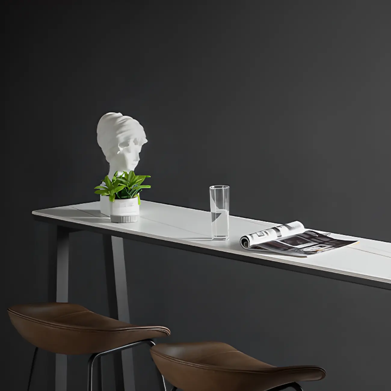 Modern White Stone Top Black Metal Bar Table with Storage Image - 10 | homeyfad