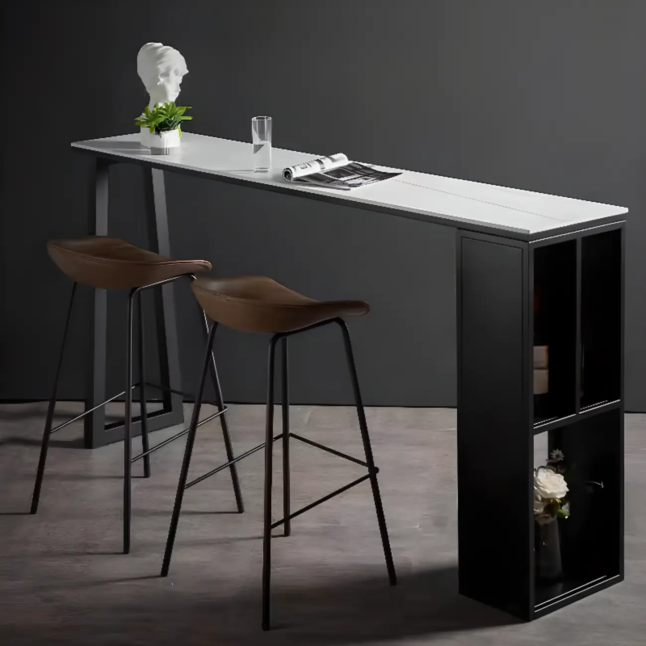 Modern White Stone Top Black Metal Bar Table with Storage Image - 11 | homeyfad