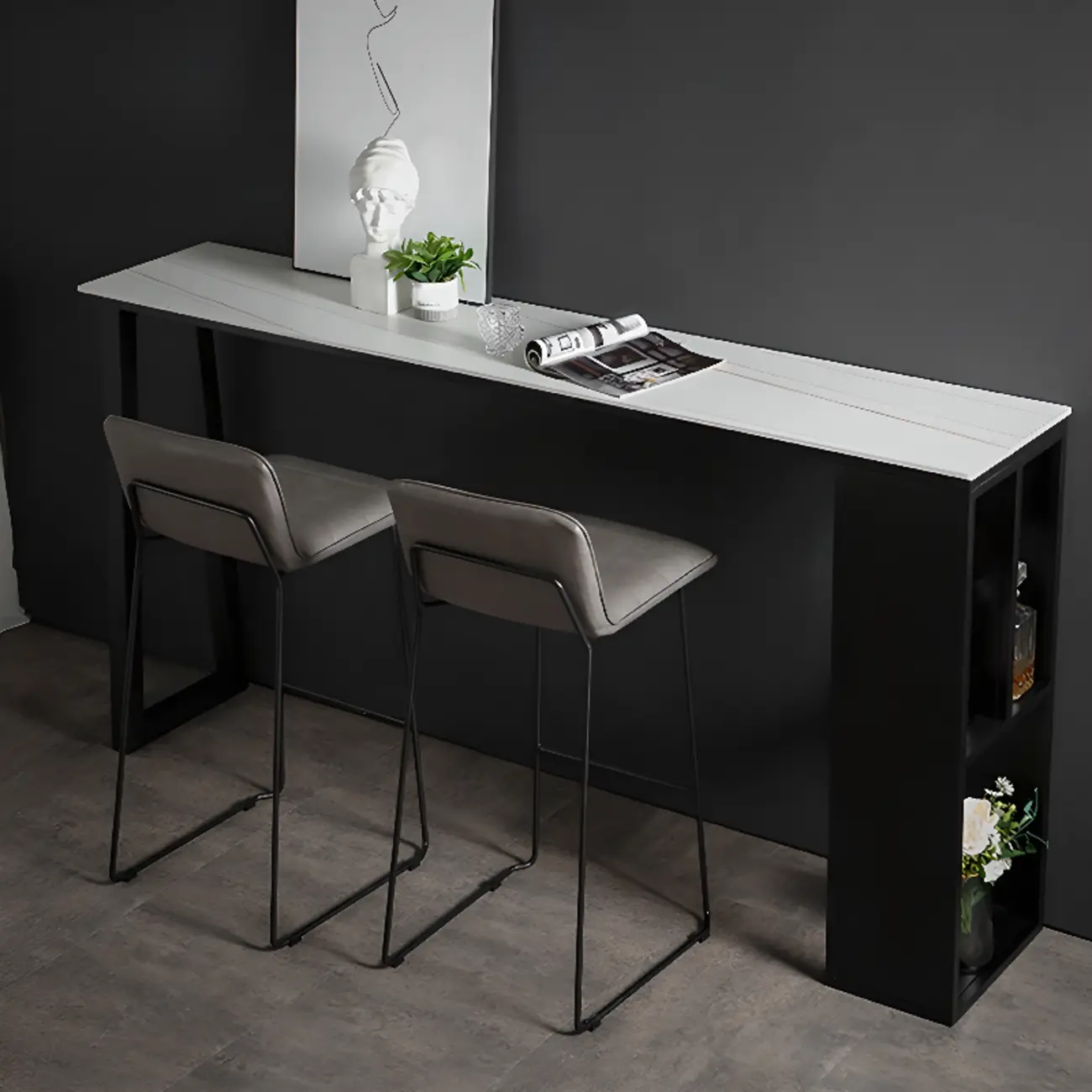 Modern White Stone Top Black Metal Bar Table with Storage Image - 12 | homeyfad
