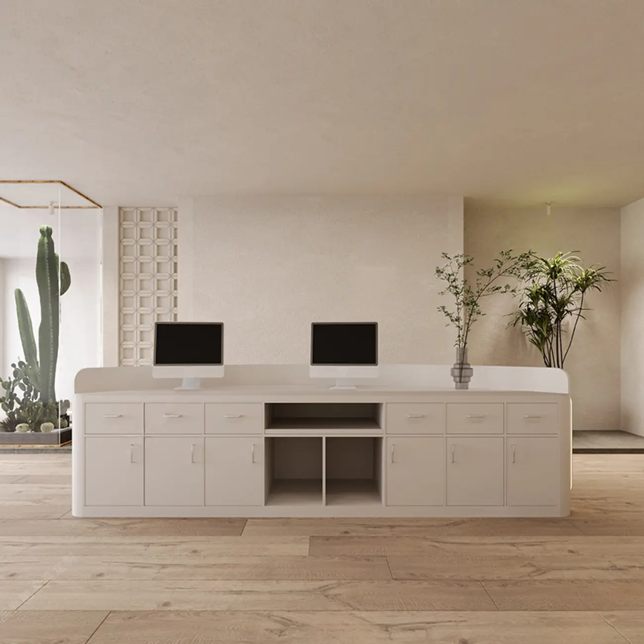 Functional Modern White Wooden Curved Reception Desk Image - 2 | homeyfad
