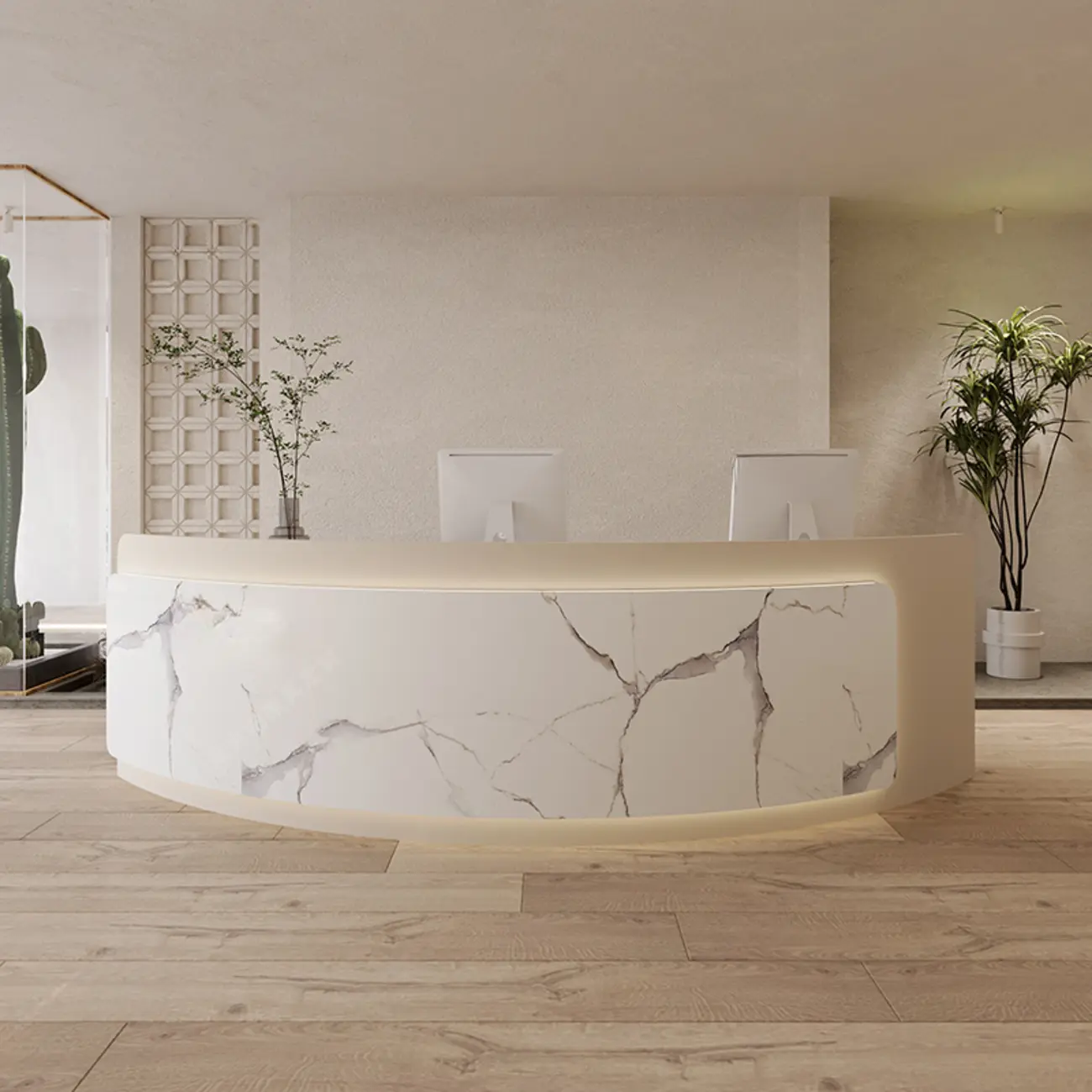 Functional Modern White Wooden Curved Reception Desk Image - 1 | homeyfad